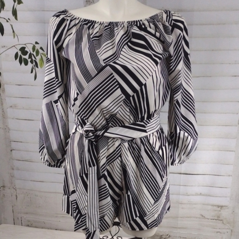 Missmoly Black and White 3/4 Sleeve Belted Romper Size XL